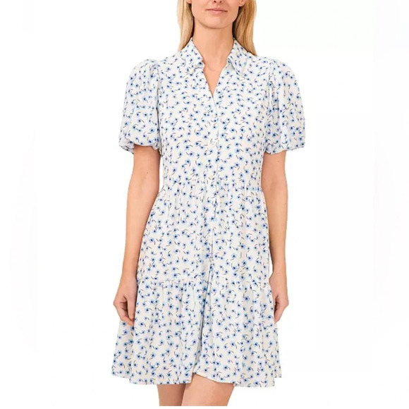 CeCe Womens Blue Floral Babydoll Puff Sleeve Dress Size S Tiered skirt Vacation - Picture 2 of 13
